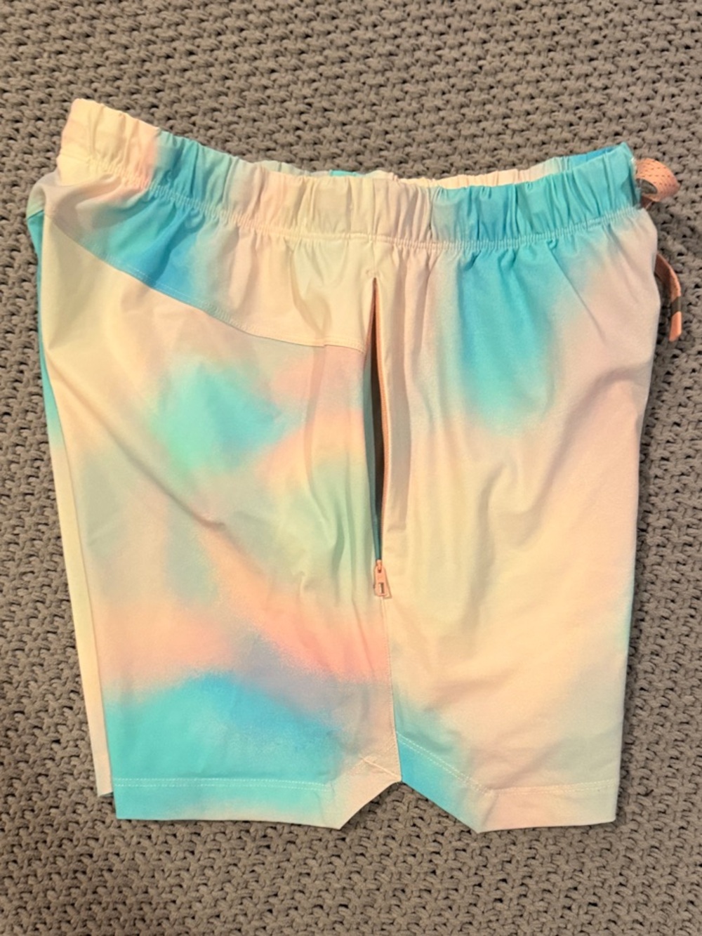 Fabletics Men's Tie-Dye Athletic Shorts in Aqua and Peach 5” - Picture 3 of 4